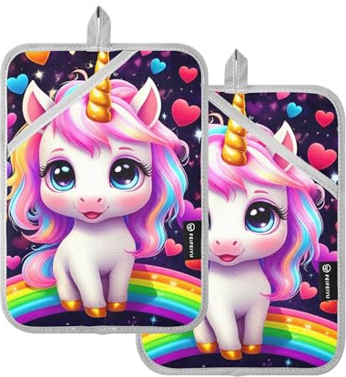 Hot Topflappen, hitzebeständig, niedlicher Druck, Ofenhandschuhe für Thekendekoration, Küchenutensilien, niedliches Einhorn-Horn, Regenbogen, 2 Stück