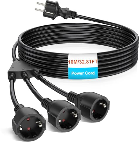 HITRENDS Schutzkontakt Verlängerungskabel Außen mit Multistecker, AC Schuko Kunststoffkabel Mit 3-Fach Steckdosen, für Zuhause, Büro, Außenbereich, 3 x 1,5mm², bis 250V/13A, 10M, Schwarz
