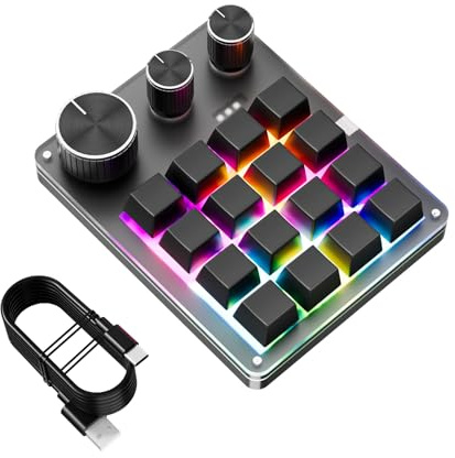 Denash Custom Mechanical Keypad, 16 Key Programmable Macro Pad with 3 Knobs, Wired RGB LED Backlit Gaming Keyboard for Work, Gaming (Black)