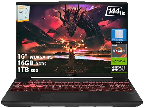 ASUS TUF A16 Gaming Laptop | 16 WUXGA IPS 144Hz | AMD 6-Core Ryzen 7 7445HS | 16GB DDR5 1TB SSD | NVIDIA GeForce RTX 4050 (194 AI Tops) | Tastiera retroilluminata USB 4 Wi-Fi 6 Win11 Pro w/DLCA