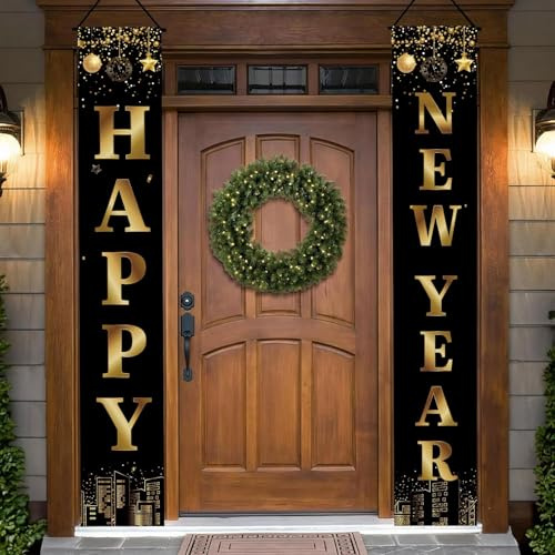 Happy New Year Banner, 180 x 30CM Frohes Neues Jahr Banner, Happy New Year Banners 2026, Frohes Neues Jahr Türbanner Schwarz Gold für Eingang, Fenster, Wand, Party, Innen Aussen, Neujahrsdeko