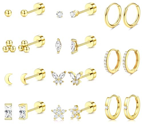 MILACOLATO 11 Paar Ohrringe Gold Set Ohrstecker Gold Kleinfür Damen 18K Vergoldeter Wasserfest Hypoallergene Gesundheitsstecker Ohrringe Creolen Golden Silber Klein Damen Helix Piercings Ohr Golden-WG