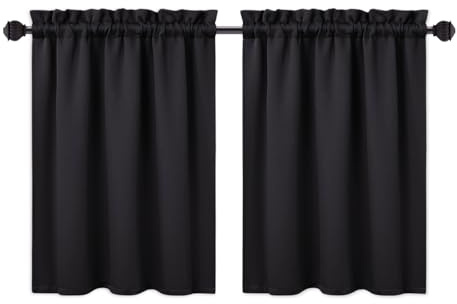 RONIPIC 2-Panel Blackout Short Curtains, Rod Pocket Cafe Tier Style, Strong Light Blocking & Room Darkening, Ideal for Bathroom, Small Windows & Kitchen, Easy to Install, Black, 26“*36”*2