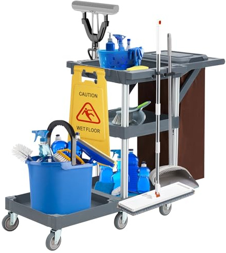 Putzwagen Reinigungswagen,Servierwagen Mit Rollen 6 Mit Abdeckung Und Vliesbeutel Putzwagen für Haushalte Hotels Designbis zu 136 Kg Belastbar. Maße: 95 cm (T) x 49 cm (B) x 22 cm (H)