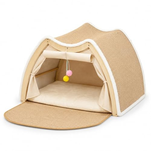 LORESJOY Casa para Gatos con Rascador, Cueva Plegable de Felpardo 50x40x32 cm, Cama Grande con Cojín para Gato y Perro Pequeño