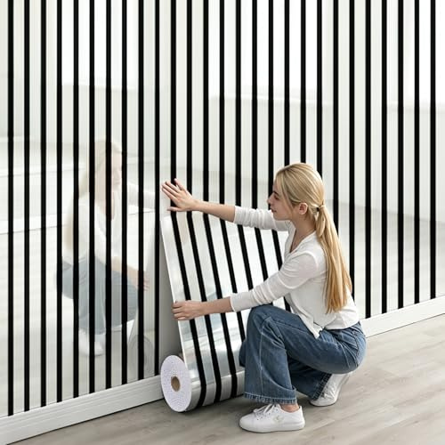 Tarwanear Self Adhesive Wallpaper - Stripe Mirror Reflective Effect Peel and Stick Bathroom Wall Panel Roll Waterproof,Stick on Wallpaper for Living Room Bedroom Countertop,40cm x 3m Silver Black