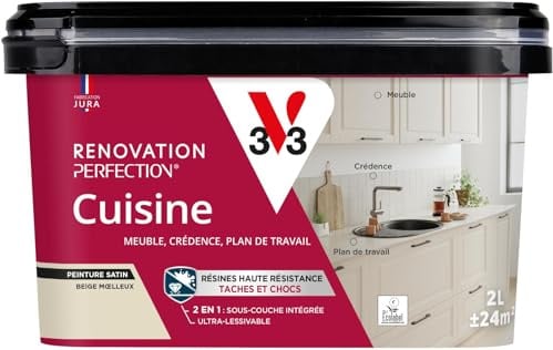 V33 Peinture Rénovation Perfection® Cuisine Beige Moelleux Satin - 2L | Haute Résistance taches et Chocs - Ultra-Lessivable - Meuble - Crédence - Plan de travail