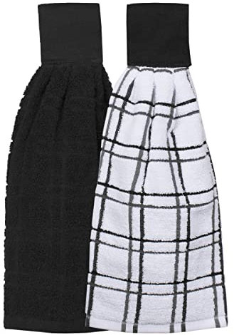 Ritz Kitchen Wears Haning-Toallas de Corbata, Algodón, Negro, Solid & Checked - 2 Piece, 2