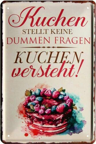 WOGEKA ART Retro Blechschild - Kuchen stellt keine dummen Fragen - witziger Spruch als Geschenk-Idee zum Geburtstag Weihnachten zur Dekoration 20x30 cm Vintage-Design Metall 1587