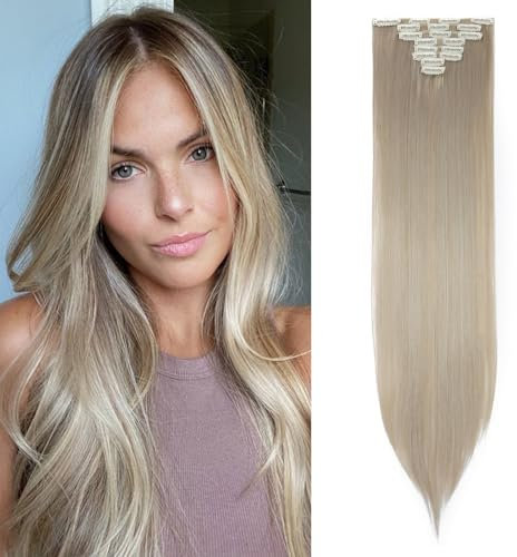 TESS Clip in Extensions wie Echthaar Kunsthaar Haarteile günstig 8 Tressen 18 Clips Haarverlängerung Glatt Mittelblond/Silber Grau 26(66cm)-140g