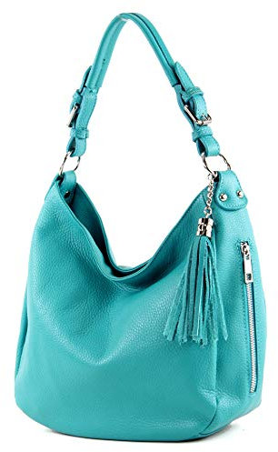 modamoda de T200 Damen Leder Schultertasche Henkeltasche handmade in Italy, Farbe:Türkisblau