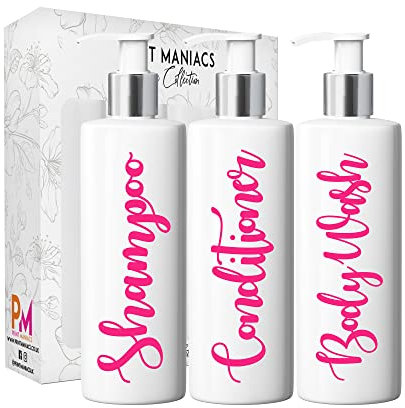Print Maniacs 3 Set Mrs Hinch Inspired White Personalised Dispenser Pump Bottles Shampoo Conditioner Body Wash (Pink)