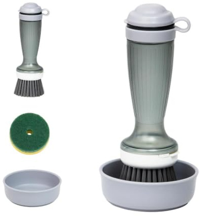 CQT Dish Brush, Dish Scrub Brush with Soap Dispenser for Dishes Kitchen Sink Pot Pan Scrubbing, 1 Brush 2 Refills