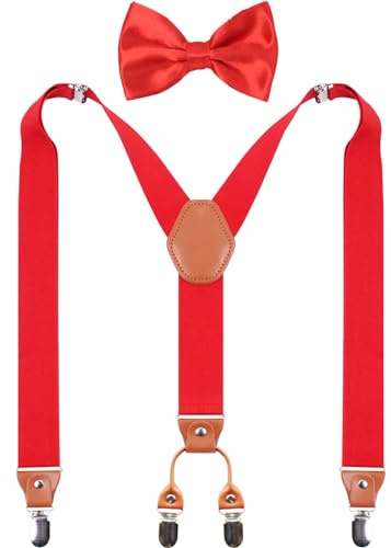 GUCHOL Hosenträger Fliege für Damen und Herren, strapazierfähig, elastisch, breite Hosenträger, starke 4 Metallclips, verstellbar, Rot/Ausflug, einfarbig (Getaway Solids), L