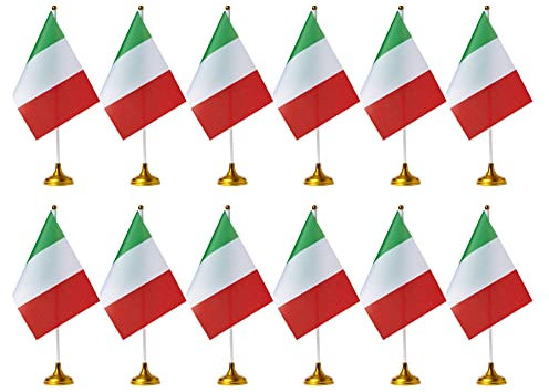 ZXvZYT Italienische Flagge, kleine italienische Tisch- und Büroflaggen mit Ständer, Dekoration, Grün, Weiß, Rot, 20,3 x 12,7 cm, 12 Stück