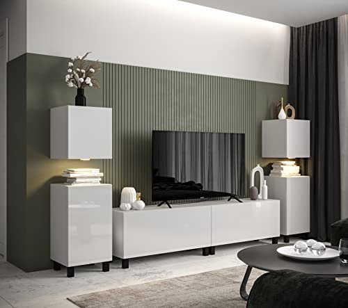Furnitech Wohnwand Wohnzimmer | Wohnzimmer Möbel mit LED RGB - 16 Farben | Hängend Wohnwand Modern | Wohnzimmer Schrankwand mit Regale und TV Schrank (AN106-21W-HG2-1A)