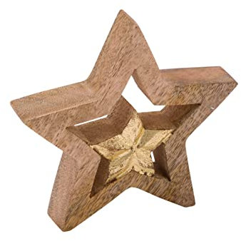 ZauberDeko Deko Stern Mangoholz Holzstern Natur Gold Dekofigur Weihnachten Zwei Größen, Größe:Klein