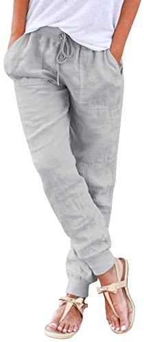 Hose Damen Sommer Casual Baumwolle Leinen Stoffhose Einfarbig Freizeithose Stretch Leicht Leinenhose Straight Leg Hose und Taschen (Z hellgrau, XXL)