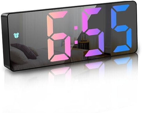 JQGO Alarm Clock Digital Battery Powered, LED Travel Alarm Clocks Beside Mains Powered Non Ticking with Snooze Temperature Date Time Brightness Adjustable for Kids Adults (Colorful)