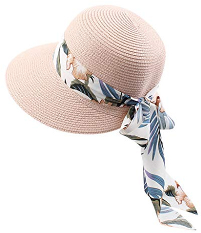 Strohhut mit Schleife Damenhut Sommerhut Sonnenhut Strandhut Damen Frühling-Sommer Sommerhut Sonnenhut Damen Eleganter Strohhut Sommerhut Faltbarer Anti elegant Strandhut mit breiter (Pink, One Size)