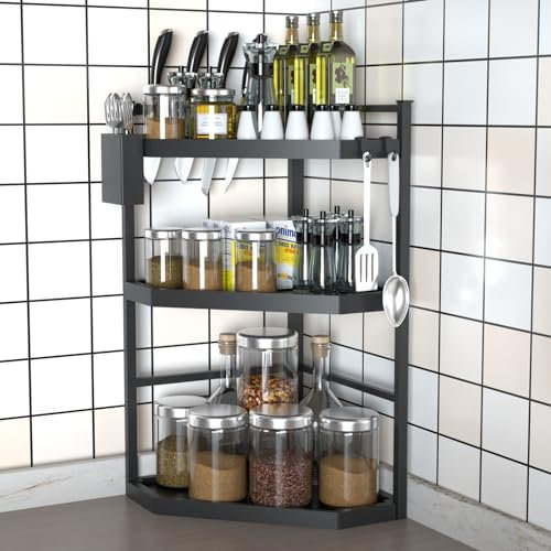 HMAKGG Eckregal Küche Arbeitsplatte, 3 Etagen Gewürzregal Stehend, 61cm Großes Küchenregal Ecke mit 2 Haken & Utensilienhalter, Verstellbare Gewürzständer Schwarz