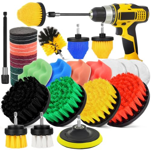 30Pcs Drill Brush Attachment Set,Drill Scrubber Brush Kit Include Scrub Pads, Sponge, Extend Attachment, Drill Cleaning Brush Attachment Set for Bathroom, Tub, Tile, Corner, Floor, Grout, Boat