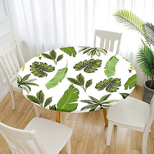 FANSU Blattmuster Runde Tischdecke,Elastische Kanten Abwischbare Lotuseffekt Tischdecken Abwaschbar Tischtuch für Dekoration Outdoor-Party, Picknick (Palme,Durchmesser 160cm)