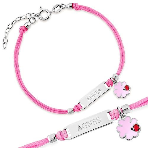 Maverton Bracelet Cordon en Argent Sterling 925 gravé - Bijou pour enfant avec Boîte personnalisable - Bracelet personnalisé - pour bébé - fille - anniversaire - baptême - rose - trèfle