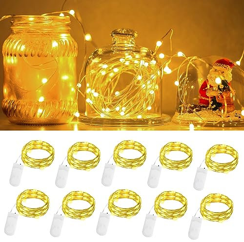 cshare LED Lichterkette Batterie 10Pcs, 2M 20Leds Mini Lichterkette IP65 Wasserdicht Kupfer Drahtlichterkette für Gefäße,Weihnachten,Halloween,Flaschen, Schlafzimmer In/Außenbereich Dekor(Warmweiß)