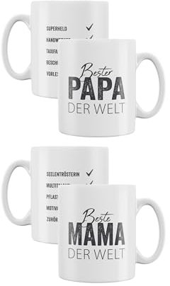 MC-Trend 2er Set Tassen Beste Mama/Bester Papa weiß mit Schriftzug Ø8cm Keramik für Muttertag Vatertag perfekte Geschenk-Idee(2er Set Beste Mama + Bester Papa)