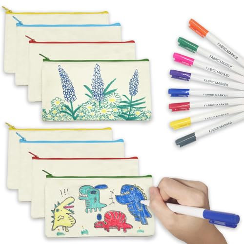 ICEPAPA 8 Canvas Pencil Cases with Zips & 8 Fabric Markers, Ideal for DIY Crafts, Travel, School & Makeup Storage