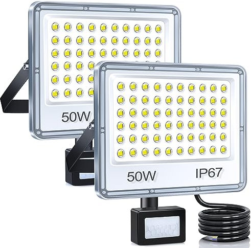 YIQIBRO LED Strahler mit Bewegungsmelder Außen 50W 2 Stück, 5000LM LED Scheinwerfer mit Bewegungsmelder, 6500K Kaltweiß Außenstrahler, IP67 Wasserdichte Fluter für Lager Garten Garage