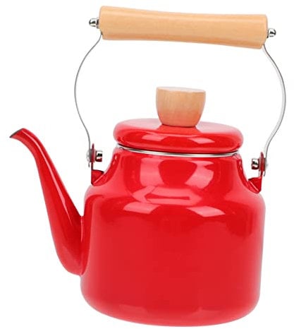 GOOHOCHY Enamel Coffee Pot, 1.43 lbs, Red, Stovetop Tea Kettle with Whistle, Stainless Steel Lid, Wood Handle, Induction Cooker Safe, Dishwasher Safe