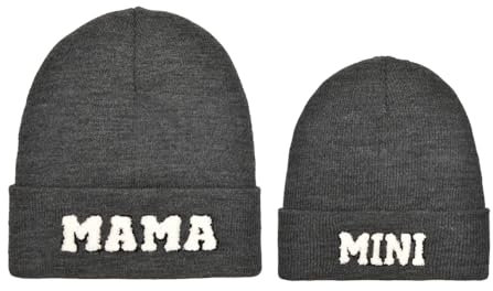 2PCS Eltern-Kind-Mütze Mama und Mini Hüte Mutter Tochter/Sohn Passende Mütze Winter Warme Strickmütze Beanie Cap, Dark Gery, Einheitsgröße