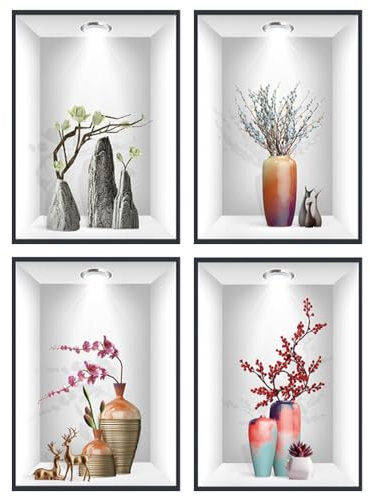 DOUSELLA 4 Stück 3D Wandsticker Vase Wandtattoo Vasen Pflanzen Wandaufkleber 3D Vinyl Wandabziehbilder Selbstklebende Pflanze Blumen Wandbilder mit Vase 3D Pflanzen Wandsticker für Haus Wanddeko