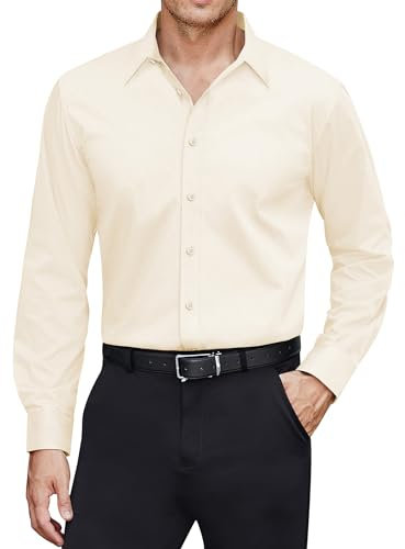 J.VER Mens Stain Shield Dress Shirts Long Sleeve Stretch Casual Button Down Shirt with Pocket Plain Wrinkle Free Business Shirts for Working Meeting Dating Beige-M