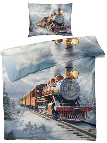 QEODAH Dampflok Bettwäsche 135x200 Winter - Dampflokomotive Bettbezug 135 x 200 2er Set - Wendebettwäsche & Kissenbezug - Weiche Mikrofaser Bettwäsche-Sets mit Reißverschluss - Schlafzimmer Bett Deko