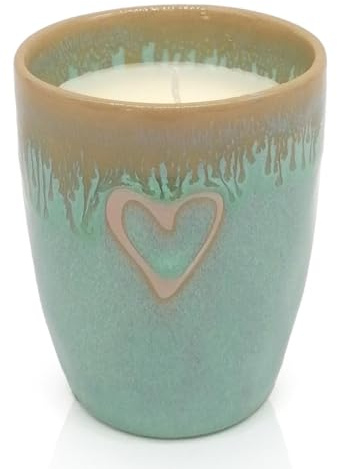 Mea-Living STONEWARE Kerze im Becher türkis Herz, handgemachtes Steingut, 280 ml, wunderschönes Geschirr mit Kerze
