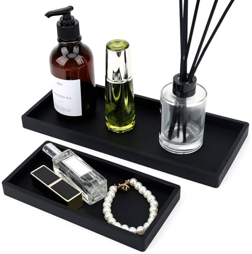 Dadabig Vassoio Portaoggetti, 2 Pezzi Vassoio Decorativo in Resina Vassoio da Bagno Rettangolare Organizzatore per Profumi Cosmetici Gioielli Candele, Nero