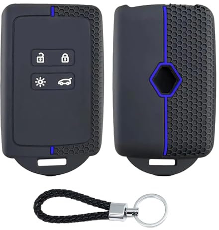 Bisienya Key Card Case,Car Key Cover for Clio Megane Koleos Kadjar Kangoo Twingo Talisman Captur Espace Dacia Duster,Silicone Key Cover 4 bottons(Blue-line)