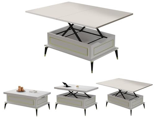 BERA DESIGN Extendable Table 6-8 Seater, Lift Top Coffee Table, Extendable & Foldable Coffee Table - Space Saving Dining Table - 90x60x45cm with 3 Variable Height Level