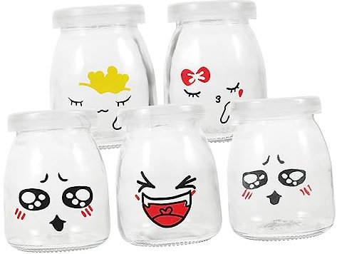 Zerodeko 5pièces Bouteilles Verre Pour Yaourt Et Pudding Pots Résistants Chaleur Motifs Aléatoires