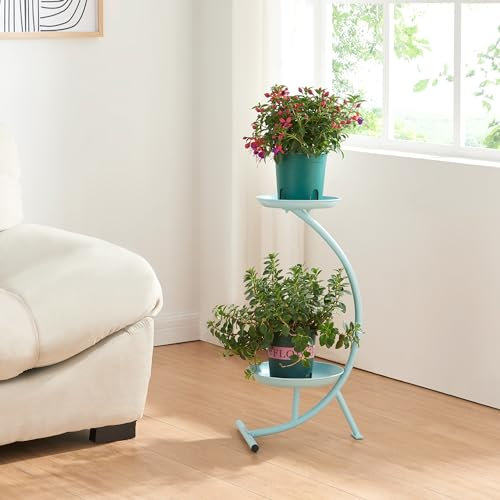 [en.casa] Blumenständer Aalten Pflanzenständer in Halbmondform Pflanzenregal mit 2 Ablagen Blumenregal Metall 61,5x30x25cm Hellblau