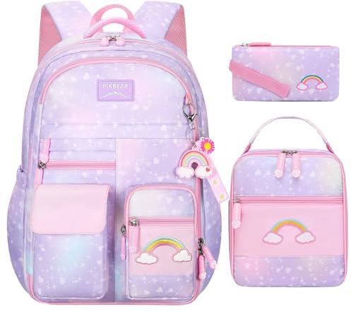 TLTUCI Mochila escolar de 3 piezas para niñas, bonita mochila escolar arcoíris para niños con lonchera aislada, estuche para lápices (morado-mediano, 16.5 pulgadas)