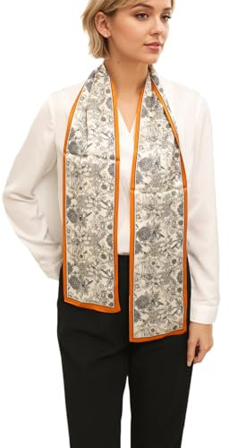 Prettystern Herren Damen 2-lagig schmal SeidenSchal Krawatten-Schal Halstuch für Frühling Sommer Blüten Schwarz weiß Orange DS10