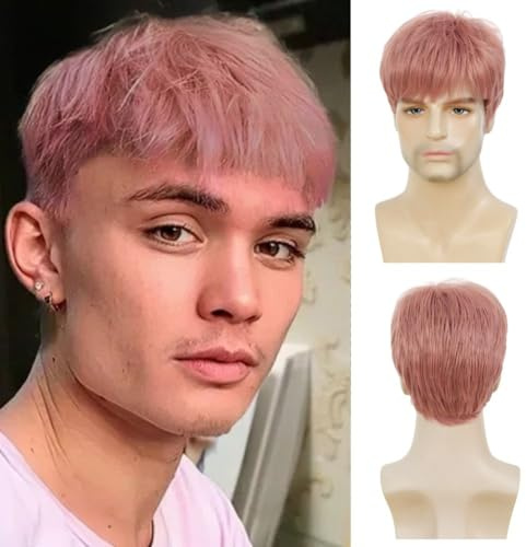 Siudus Parrucche dritte corte rosa per gli uomini Shaggy Layered parrucca per capelli in fibra sintetica naturale Cosplay Halloween parrucca quotidiana