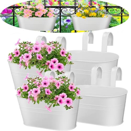 Aeetial 6 Packs Creative Half Round Wall Hanging Planters,Plastic Flower Pots for Railing Fence - Indoor Outdoor Balcony Wall Hanging Basket, Plant Pot Container (White 4pc Metal)