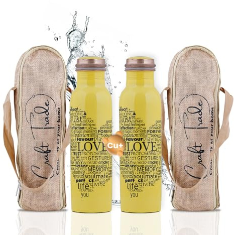 Craft Trade Rame Bere Bottiglia D'acqua Puro Giallo Bottiglia di Rame con Coperchio E Borsa per il Trasporto 34 once/1000 ml A Prova di Perdite Ayurveda Bottiglia per Ufficio e yoga- Confezione da 2
