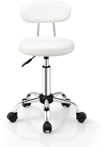 Bonnlo Rollhocker, Arbeitshocker, Bürohocher, höhenverstellbar mit Rückenlehne& Lehne, Drehhocker für Büro/Salon/Bar, Kunstleder, Weiß