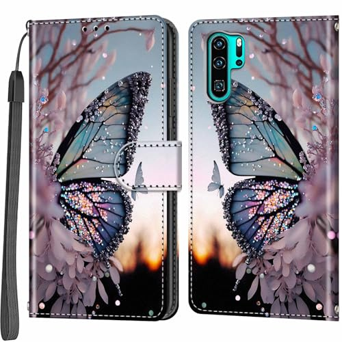 Salanheo Wallet Case for Huawei P30 Pro, Butterfly wing | Card Slots, Kickstand, Shockproof, Magnetic Closure, PU Leather, Flip Wallet Book, Lanyard Strap